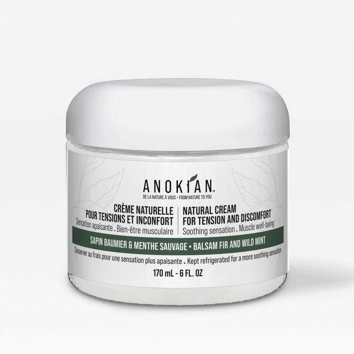 Crème naturelle pour tensions et inconfort en pot blanc de 170 mL, Anokian