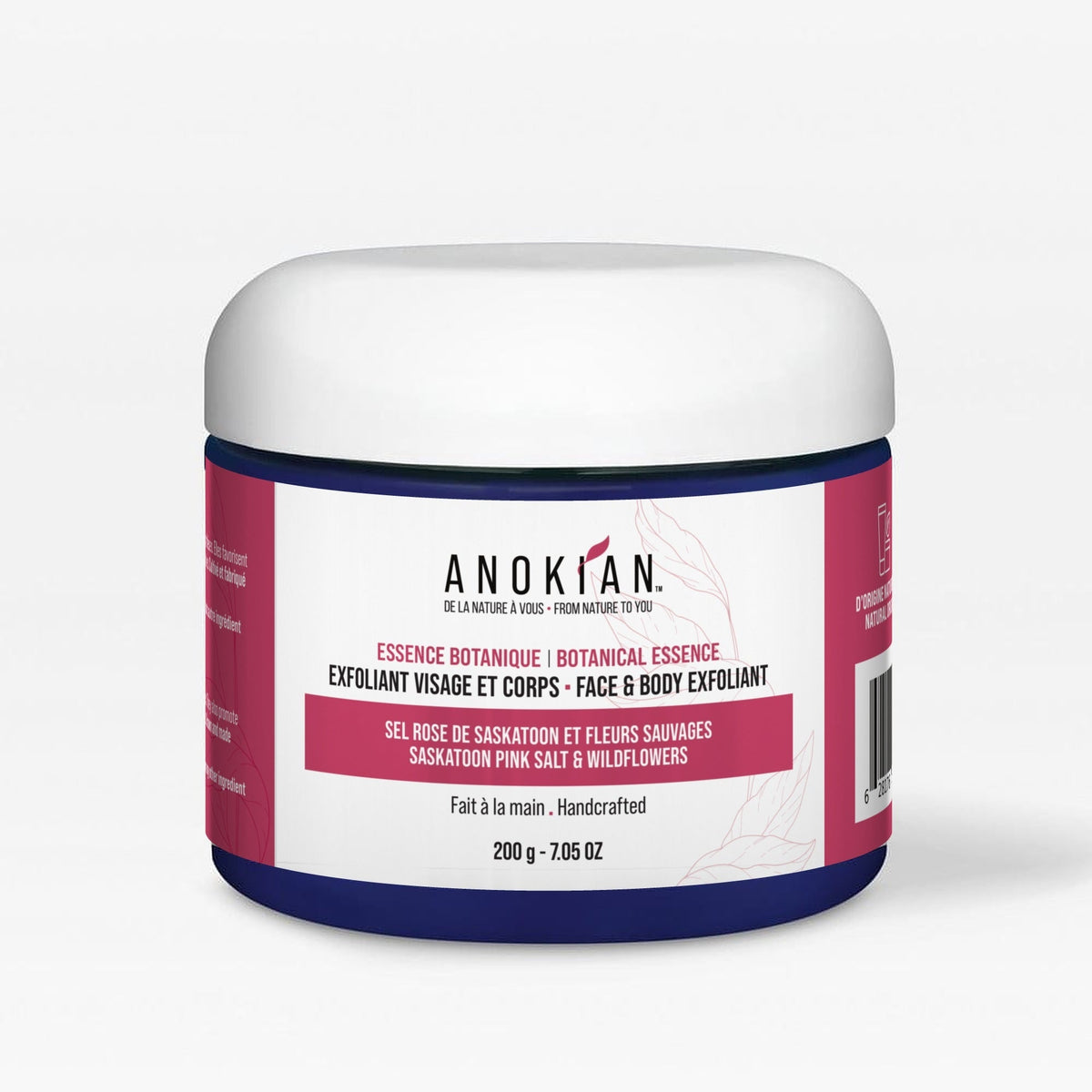 Exfoliant visage et corps au sel rose de Saskatoon et fleurs sauvages, pot de 200 g, Anokian