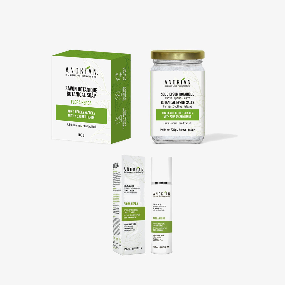 Trio Bain 4 Herbes Sacrées : savon Flora Herba, crème Élixir et sel de bain