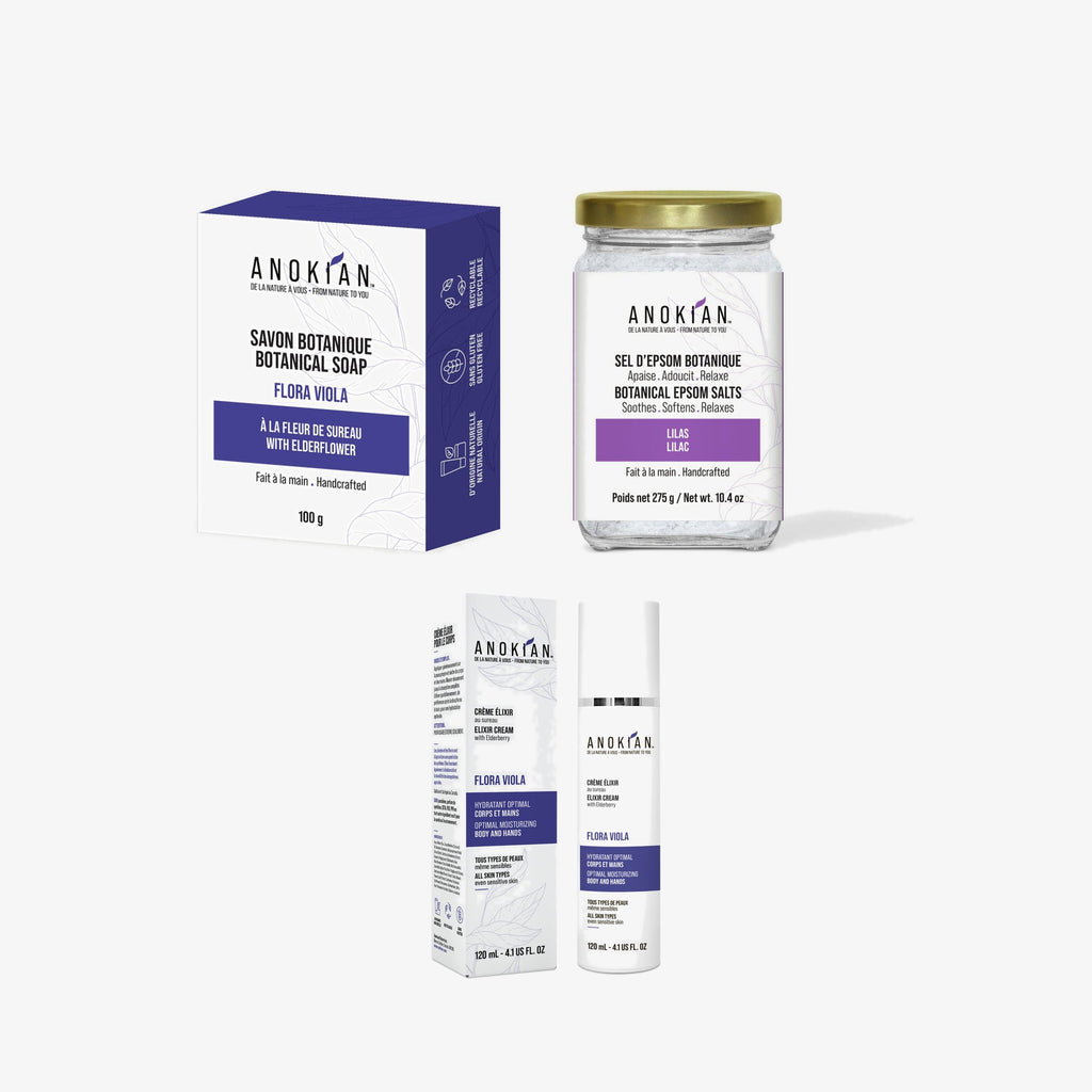 Trio Bain Fleur de sureau : savon Flora Viola, crème Élixir et sel de bain Lilas