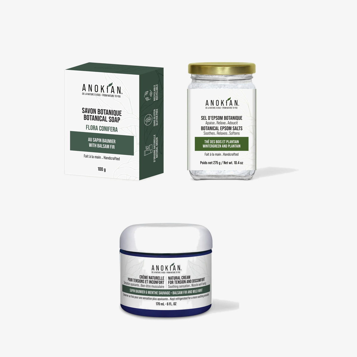 Conifer Trio: Flora Conifera soap, balsam fir cream and Wintergreen bath salt