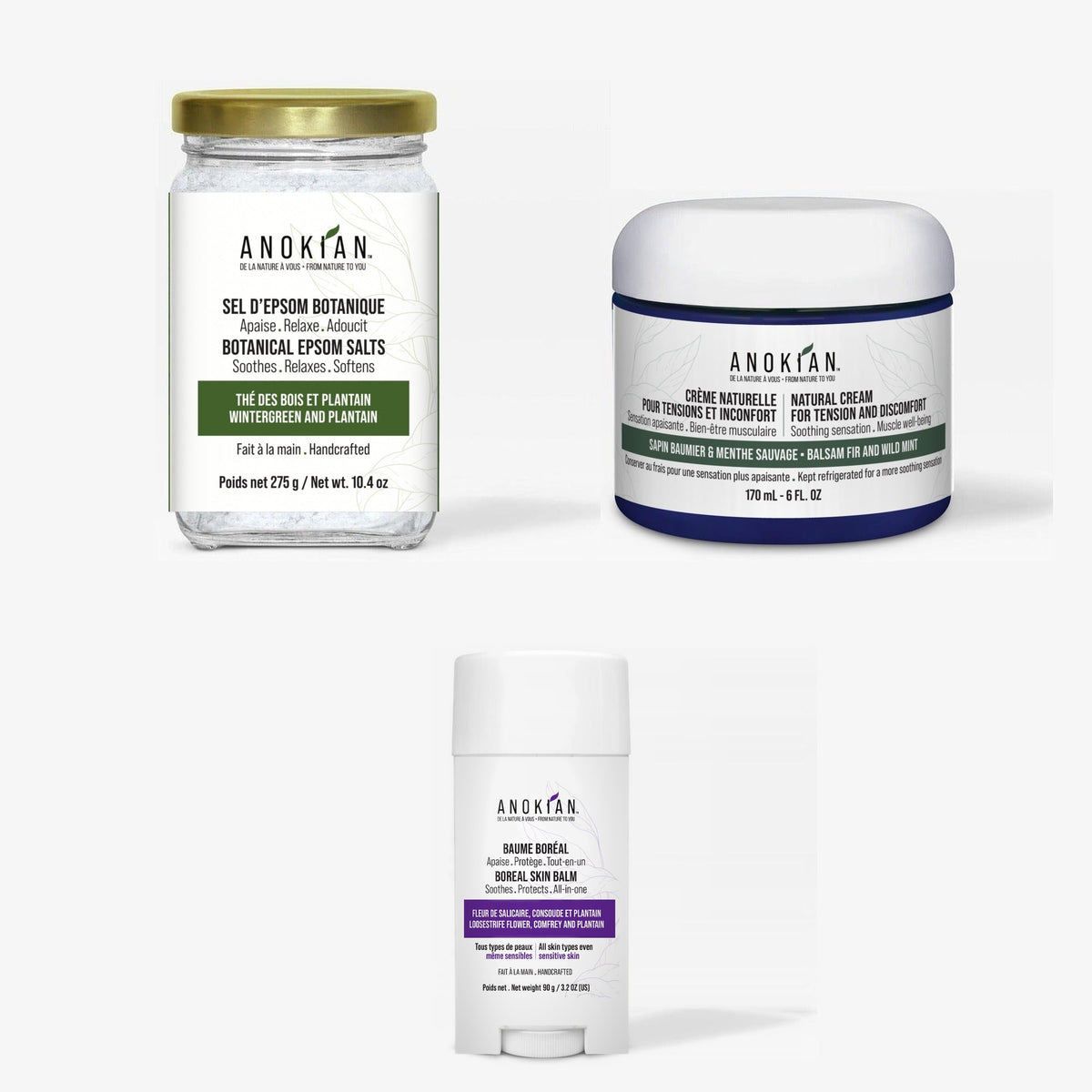 Trio Détente & Récupération : sel de bain, crème sapin baumier et Baume Boréal, Anokian