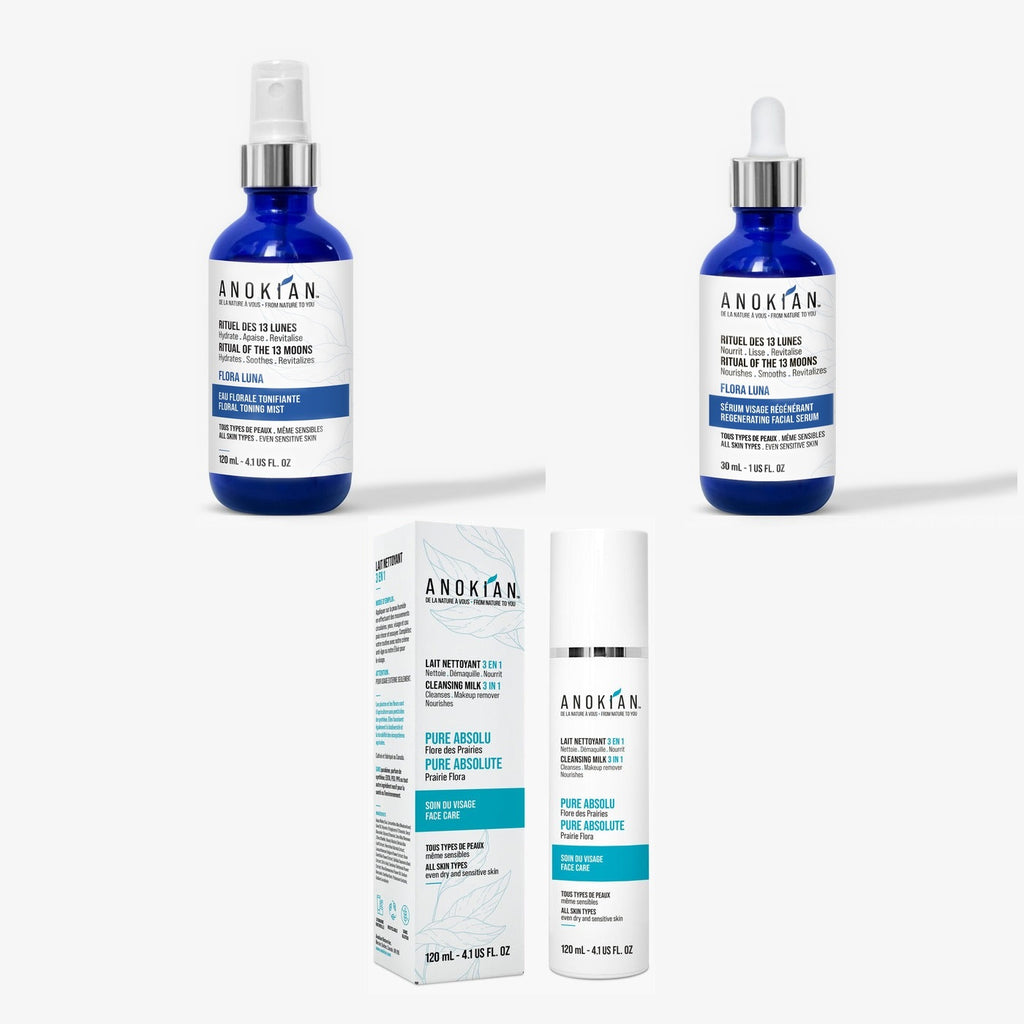 Trio Essentiel Visage : lait nettoyant, eau florale tonifiante et sérum Flora Luna, Anokian