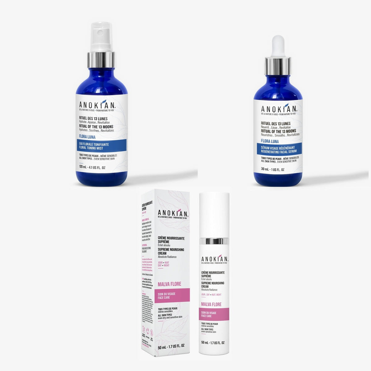 Trio Malva Flore : crème visage, eau florale tonifiante et sérum Flora Luna, Anokian