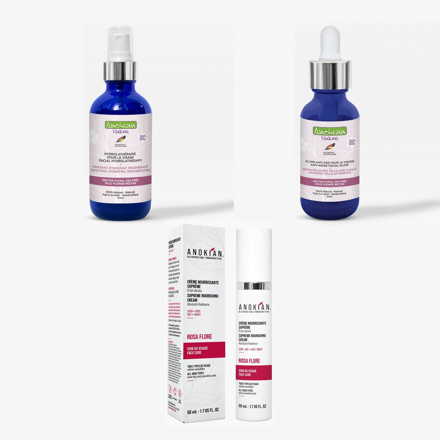 Trio Rosa Flore - coffret crème, hydrolat et élixir visage Anokian